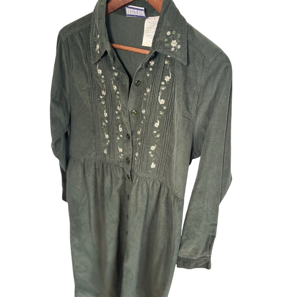Vintage 90s Embroidered Green Corduroy Long Dress Cottage Granola Girl Crunchy
